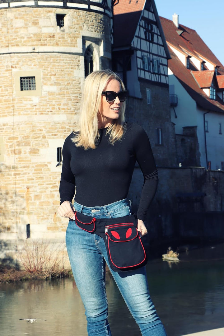 KUNST UND MAGIE Goa Schulter-Bauchtasche Gürteltasche Hippie Psy, Farbe:Schwarz/Rot Schwarz / Rot, S