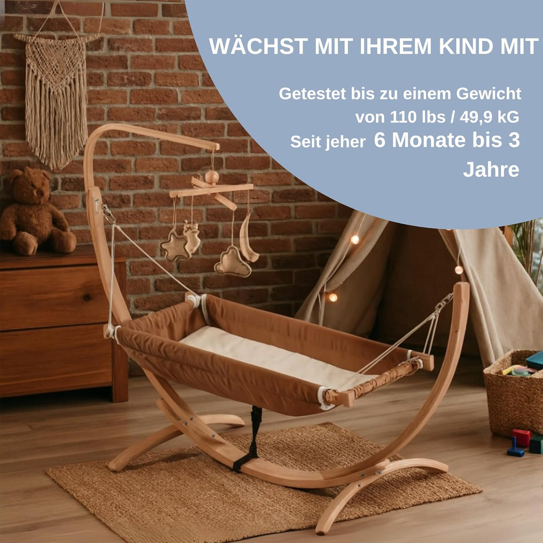 Kinder-Hängematte mit Holzgestell – Ergonomische 66×150 cm Hängeliege für 3–5 Jahre I Weicher Atmung