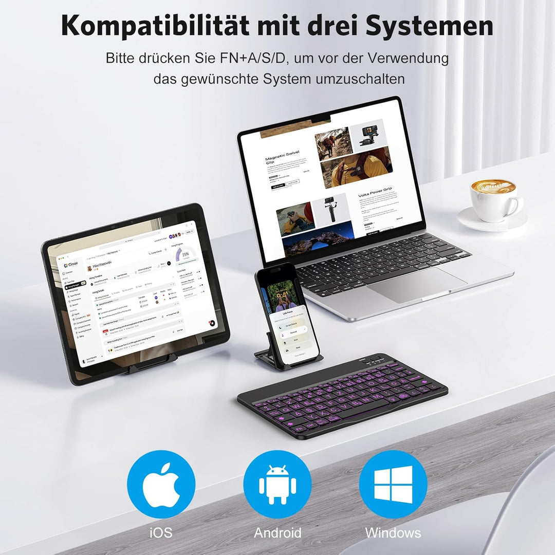 OMOTON Bluetooth Tastatur mit Grossem Druck für iOS/Android/Windows, QWERTZ Kabellose Tastatur für i