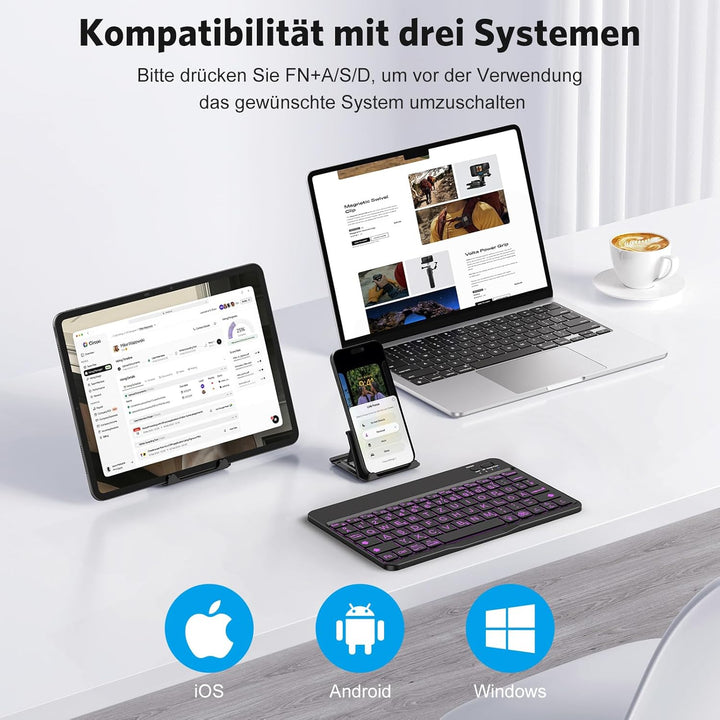 OMOTON Bluetooth Tastatur mit Grossem Druck für iOS/Android/Windows, QWERTZ Kabellose Tastatur für i