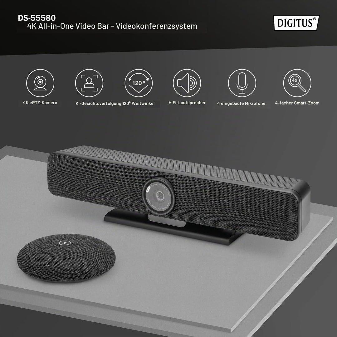 DIGITUS DS-55580 Video Bar Pro, Video-Konferenz-System – 4K UHD 30 Hz ePTZ Webcam Kamera – 1 Tischmi