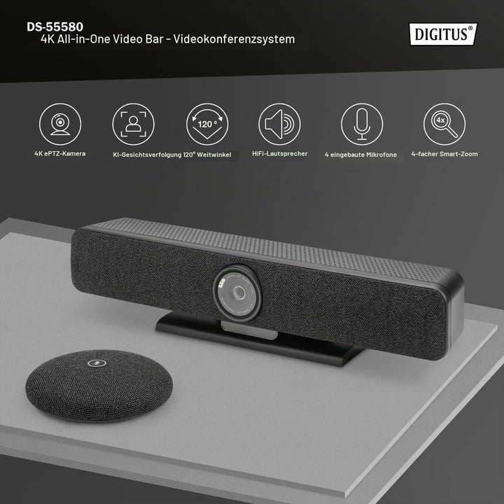 DIGITUS DS-55580 Video Bar Pro, Video-Konferenz-System – 4K UHD 30 Hz ePTZ Webcam Kamera – 1 Tischmi