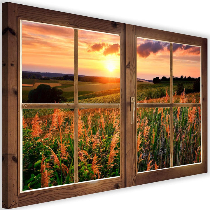 Feeby Vlies Leinwandbild Sonnenuntergang Über Einer Wiese 90x60 cm Druckbild Wandbild Wanddekoration