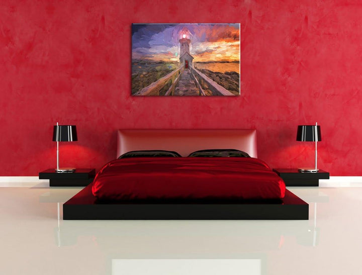 Pixxprint Leuchtturm bei Sonnenuntergang Pinsel Effekt, Format: 100x70 auf Leinwand, XXL riesige Bil