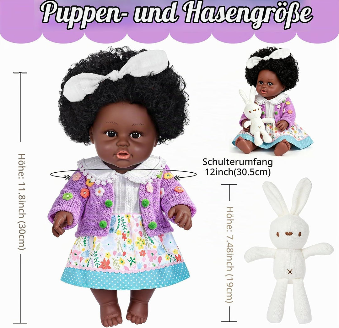 40 cm / 12 Zoll Schwarze Baby-Entchen mit Spielzeug-Hasen Zubehörset - afroamerikanische Baby-Entche