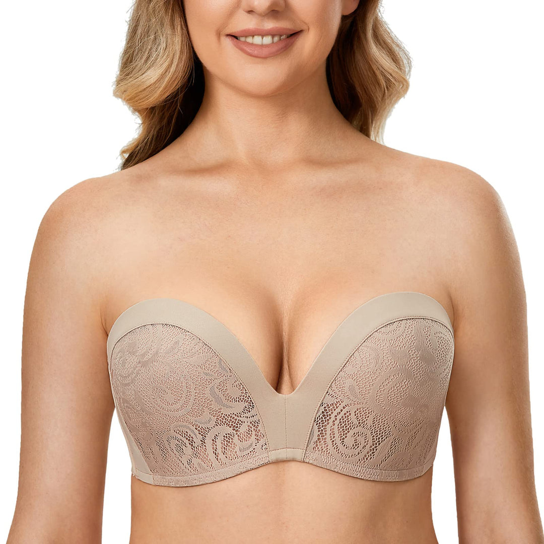 DELIMIRA Damen Push Up Trägerloser BH Spitze Grosse Grössen BHS mit Gemoldete Cups 80F Cashew, 80F C