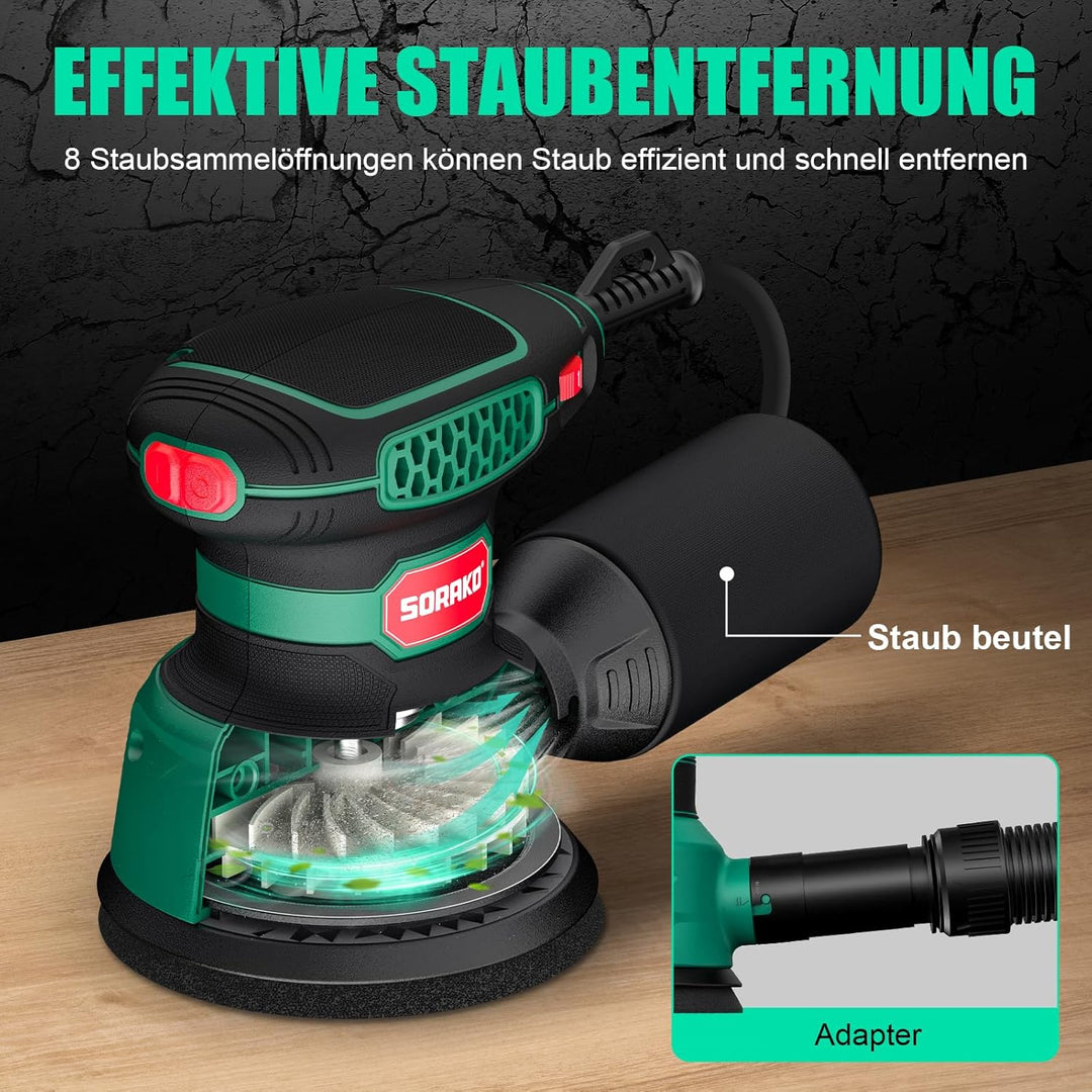 SORAKO Exzenterschleifer 350W 125MM - 6 Geschwindigkeiten,16 Schleifpapiere inklusive, mit Staubsamm