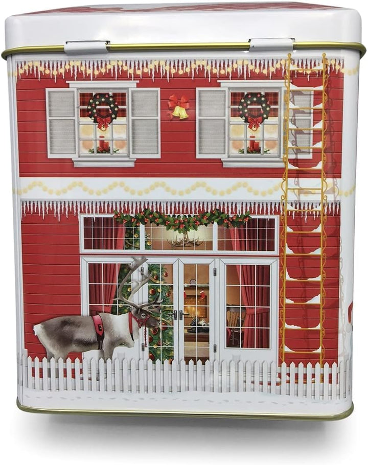 MediMuc Kleines Haus mit Vordach Winter - Keksdose, Blechdose - lebensmittelecht - Vol. 1,0l - Masse