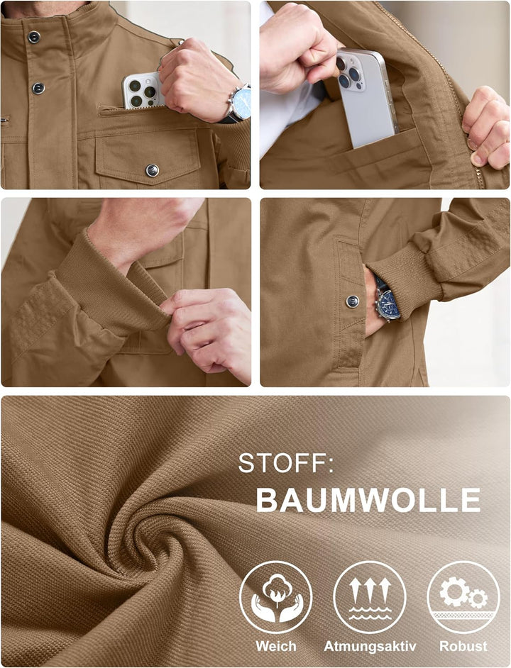 EKLENTSON Herren Arbeitsjacke Workwear Übergangsjacke Cargo Jacke mit Vielen Taschen L Khaki #91, L