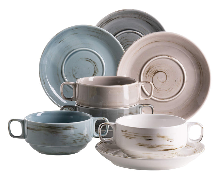 Mäser , Porzellan , Suppentassen-Set DERBY, Weiss, Beige, Grau, Blau, Suppentassen-Set