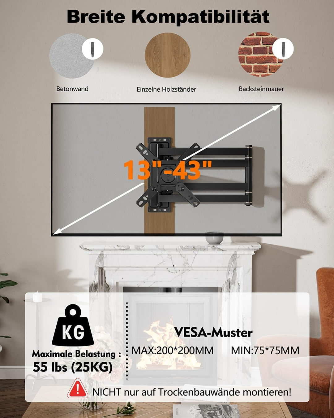 TV Wandhalterung mit 1036mm Langem Arm WHYFONE 180° Drehung Fernseher Wandhalterung Schwenkbar Ecke