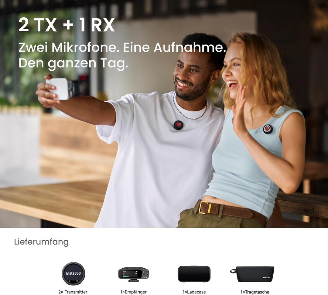 Insta360 Mic Pro (2 TX + 1 RX + Ladecase), kabelloses Mini-Lavalier-Mikrofon für iPhone/Kamera/Andro