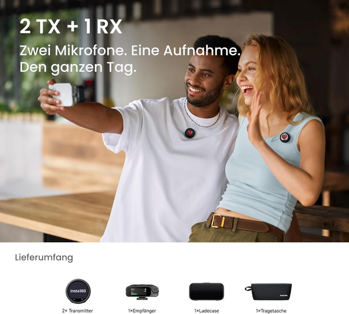Insta360 Mic Pro (2 TX + 1 RX + Ladecase), kabelloses Mini-Lavalier-Mikrofon für iPhone/Kamera/Andro