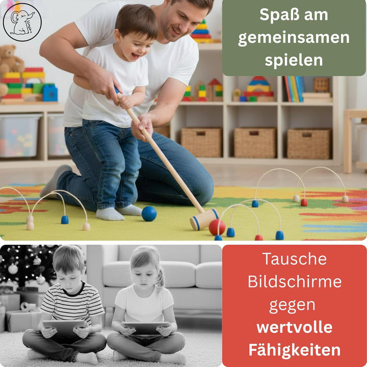 Eli® Krocket Spiel für Kinder inkl Schläger - Ziele und Bälle aus Holz - Crocket Set für Indoor und