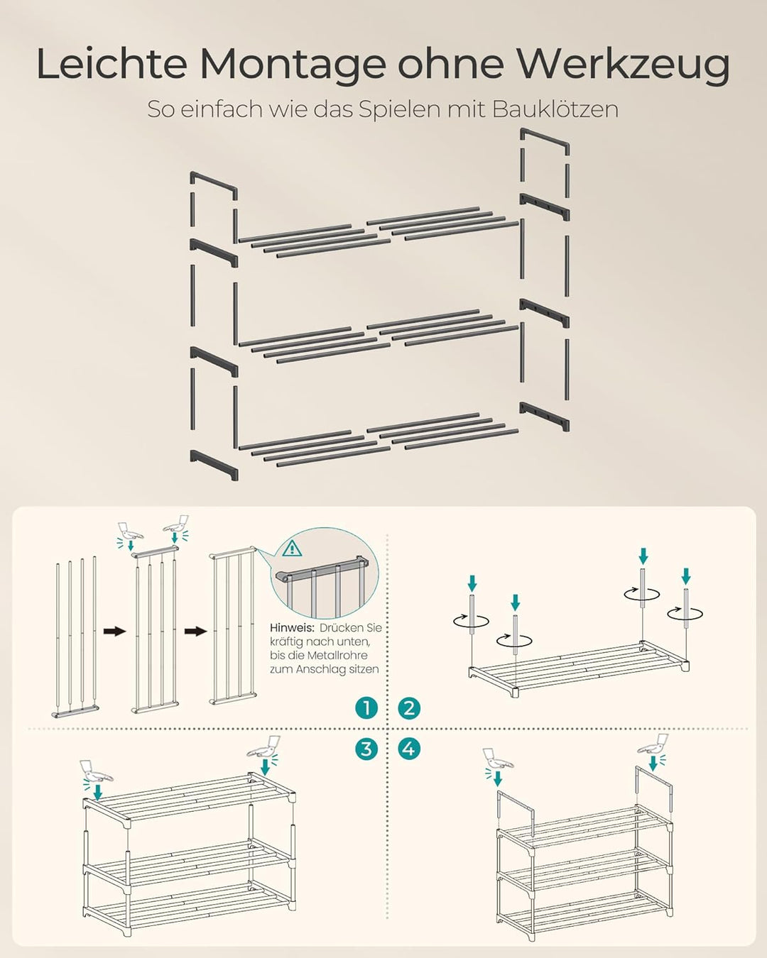 SONGMICS Schuhregal 3 Ebenen, Schuhständer Metall, Schuhaufbewahrung, Schuh-Organizer, aufrecht oder
