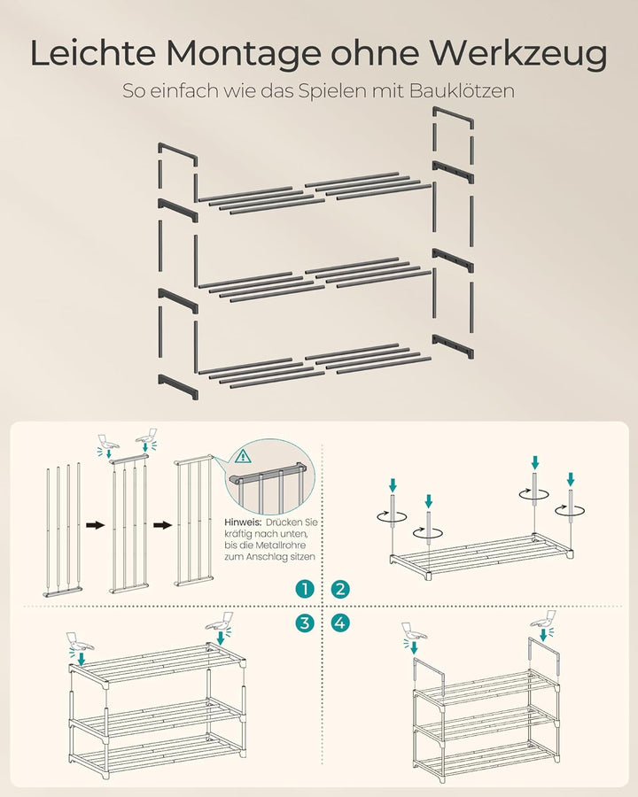 SONGMICS Schuhregal 3 Ebenen, Schuhständer Metall, Schuhaufbewahrung, Schuh-Organizer, aufrecht oder