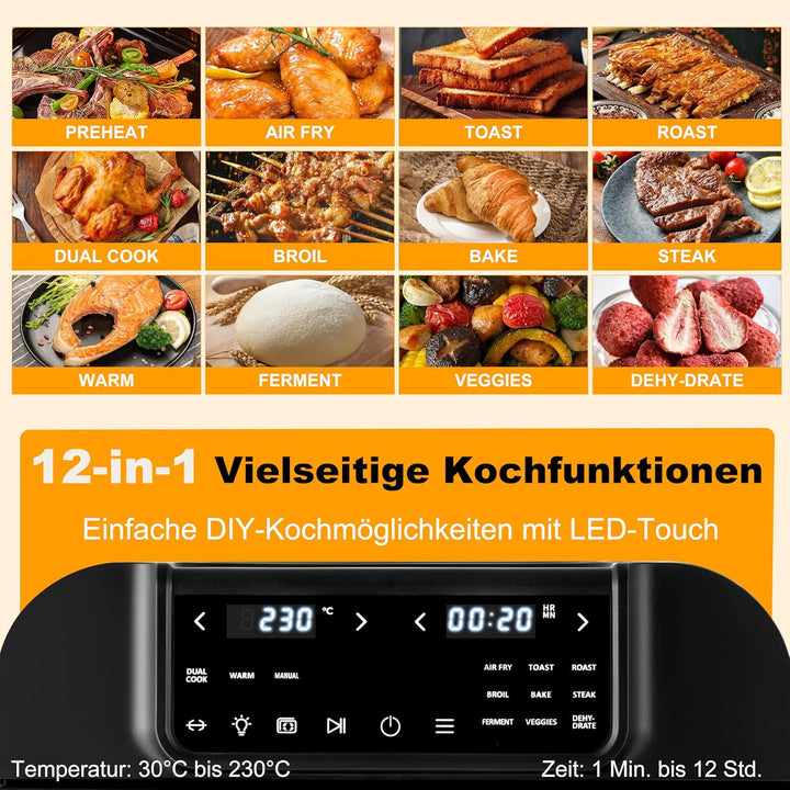 16L Heissluftfritteuse mit Rotisserie Grosse Kapazität Bis zu 230°C 12 smarte Kochfunktionen Air Fry