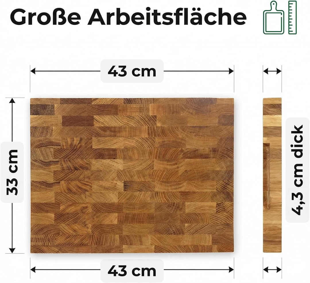 B4K 43х33x4,3cm mit Ständer Hackblock aus Eiche Stirnholz | Hirnholzbrett mit Griffen und Silikonfüs