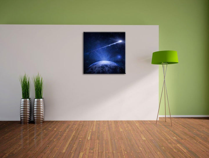 Pixxprint Sternschnuppe fliegt über den Planeten Erde, Format: 70x70 auf Leinwand, 70x70