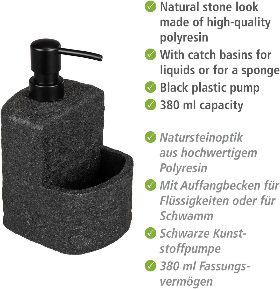 WENKO Spülmittelspender Mod. Festival nachfüllbarer Seifenspender Steinoptik für die Küche mit Fach