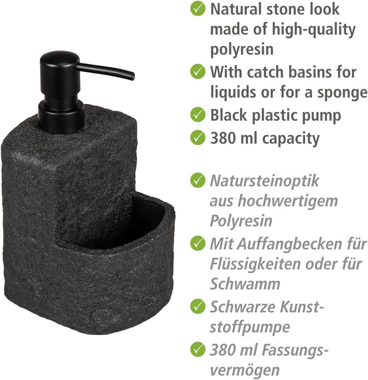 WENKO Spülmittelspender Mod. Festival nachfüllbarer Seifenspender Steinoptik für die Küche mit Fach