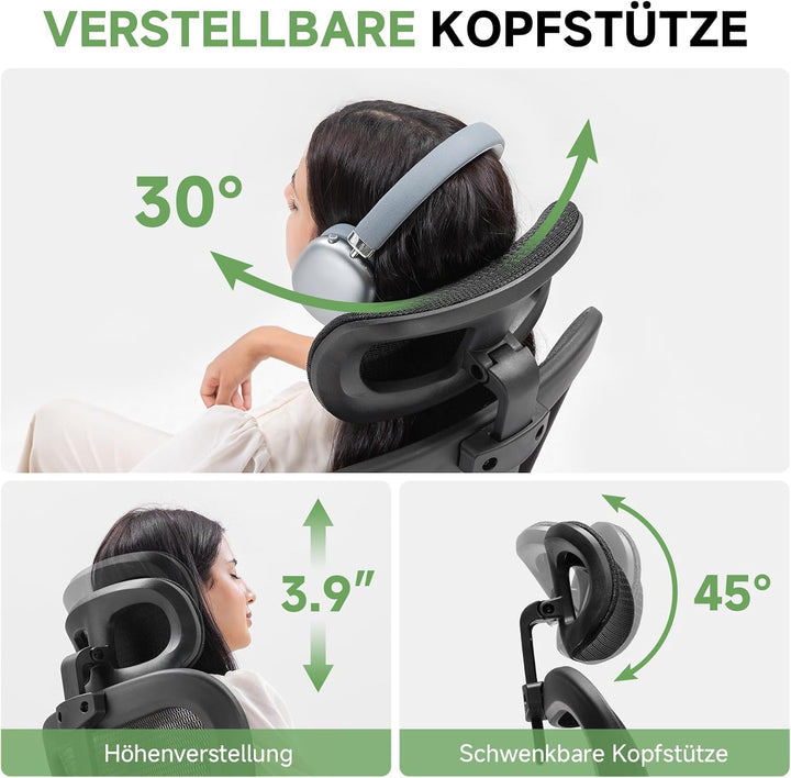GTPLAYER Bürostuhl Ergonomisch, Schreibtischstuhl mit Verstellbarer Kopfstütze, Armlehnen, Lendenwir