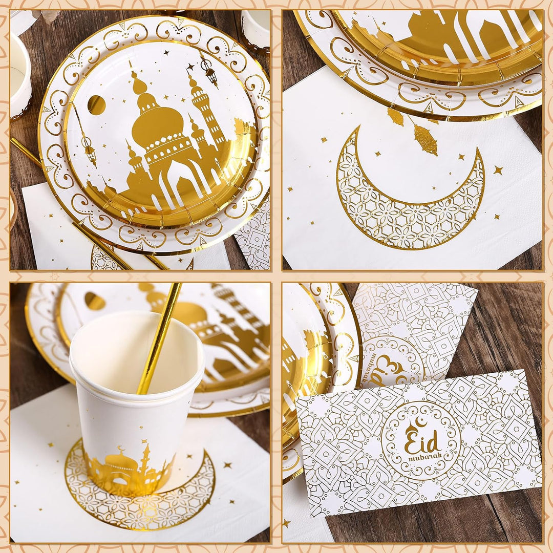 GWHOLE 96 Stück Ramadan Eid Mubarak Partygeschirr Ramadan Geschirr Ramadan Festival Thema Geschirr P