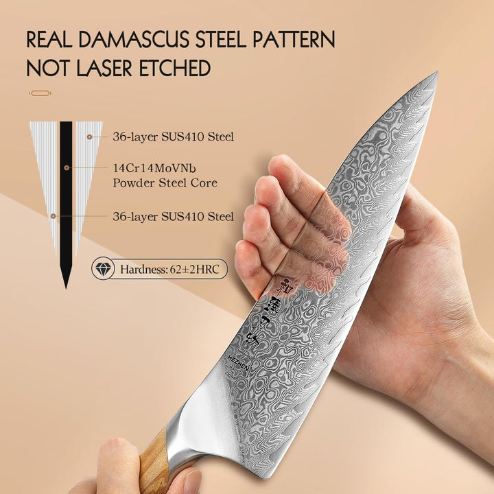 HEZHEN 21CM Damast Kochmesser, Profi Küchenmesser, 73 Lagen Damaszener Stahl, Full Tang Griff aus Ol