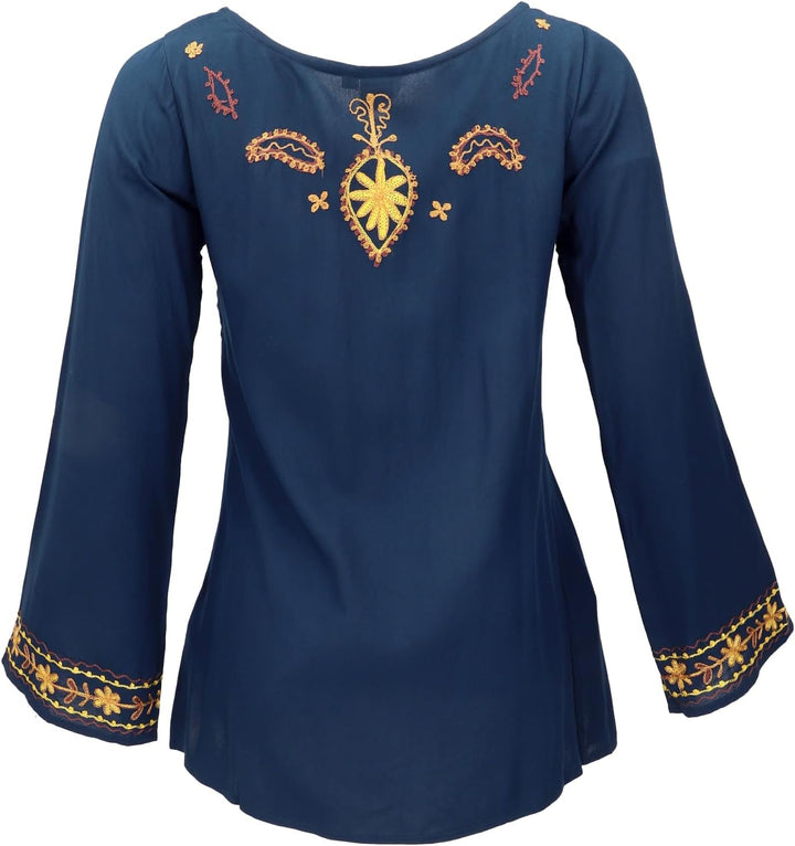 GURU SHOP Bestickte Elfenbluse, Boho Damenbluse 38 Dunkelblau, 38 Dunkelblau