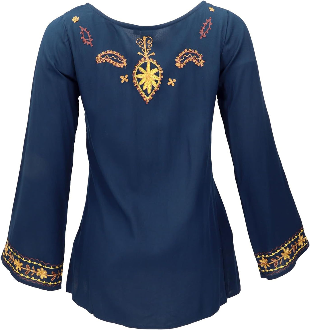GURU SHOP Bestickte Elfenbluse, Boho Damenbluse 40 Dunkelblau, 40 Dunkelblau