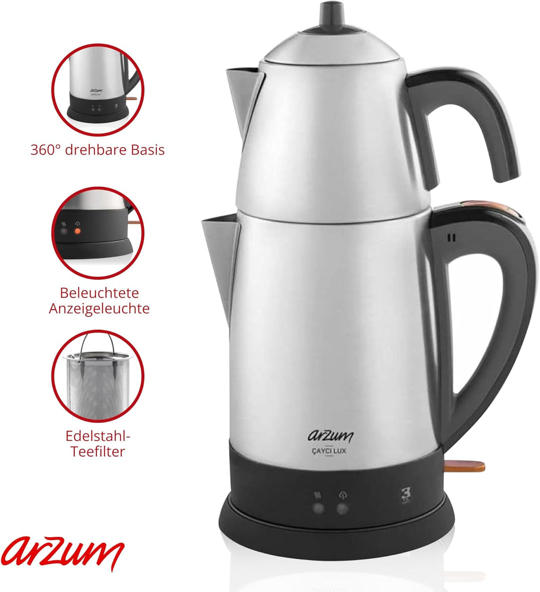 ARZUM Cayci Lux Inox Teemaschine, türkische Teekanne, Rostfreier Stahl, 0,7 lt Topfinhalt, 1,8 lt Ka
