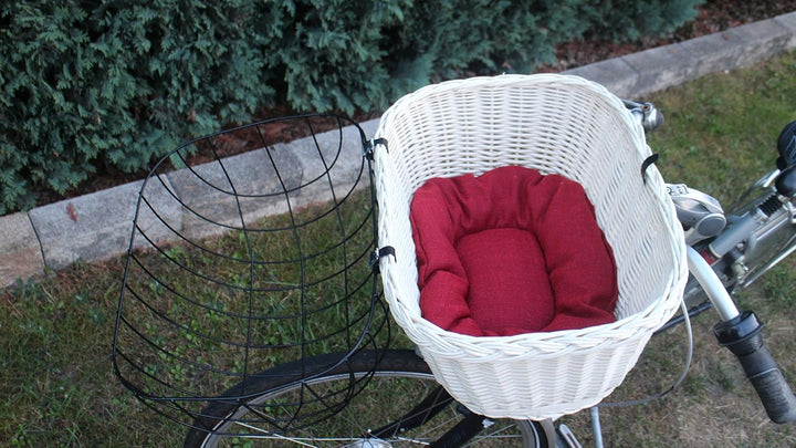 Hundefahrradkorb für Fahradlenker aus Weide mit Metallgitter und Kissen L, XL oder XXL weiss (XL mit