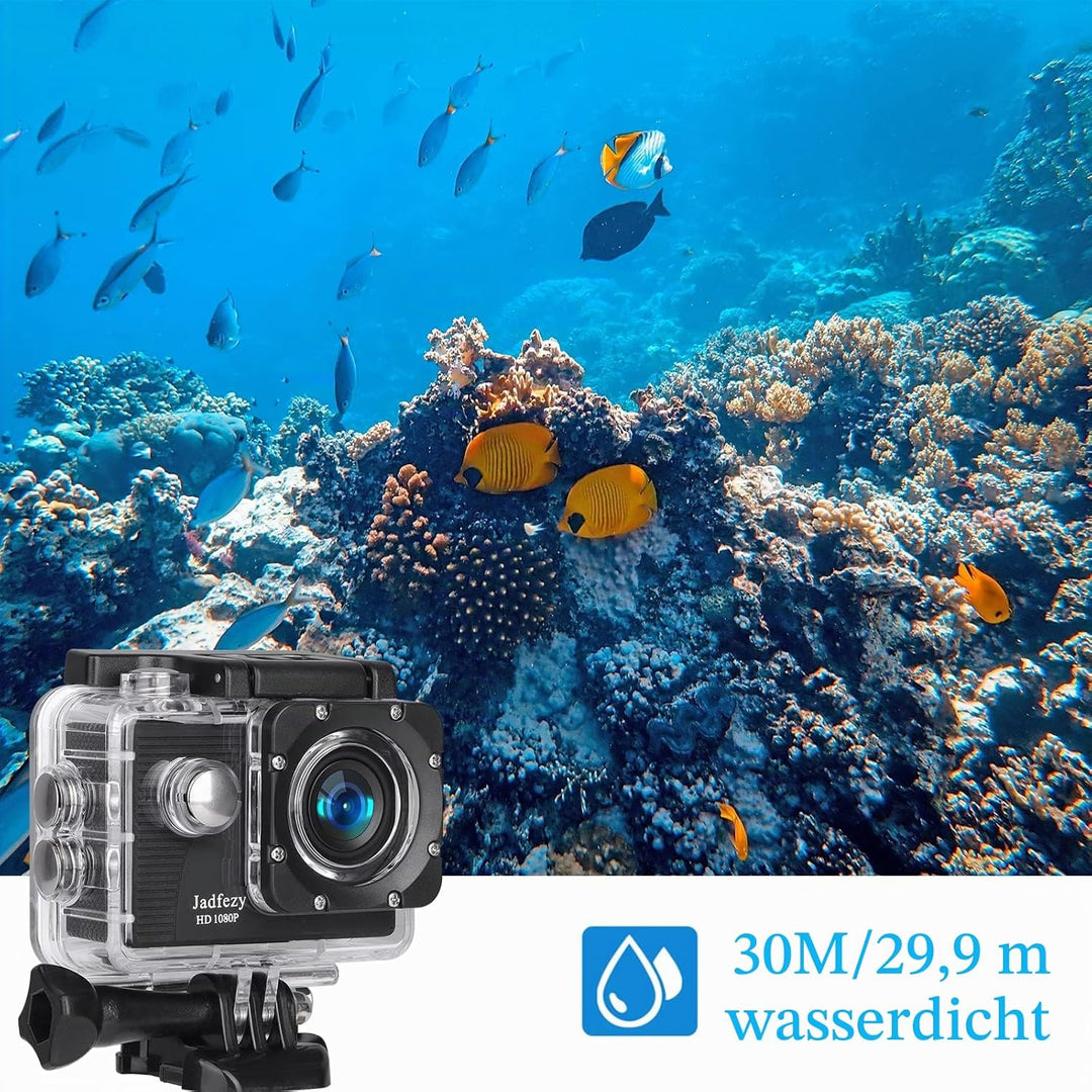 Jadfezy Action Cam FHD 1080P/12MP, Unterwasserkamera wasserdicht bis 30M, 140 Grad Weitwinkel Action