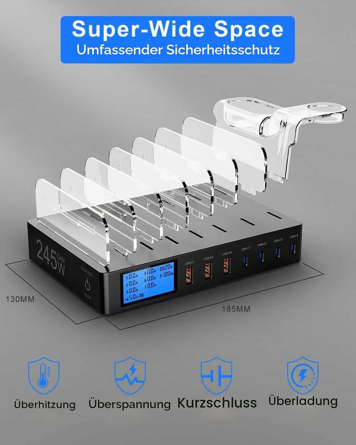 245W Ladestation für Mehrere Geräte, 7-Port USB Ladestation Handy Ladestation mit LCD-Anzeige mit 7