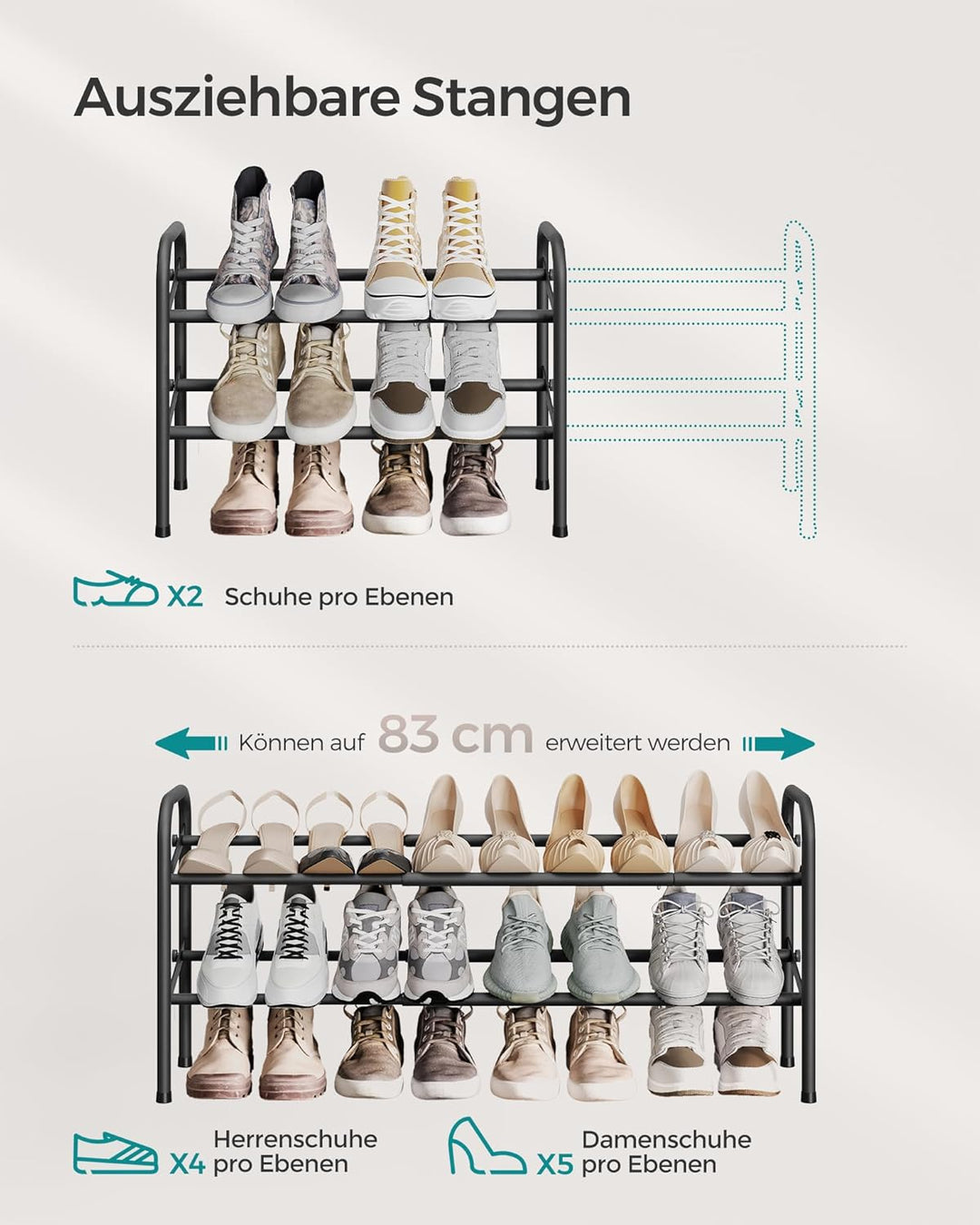 SONGMICS Schuhregal, Schuhständer, 2 Ebenen, Metallregal, verstellbar, Schuhe,Standregal, für Flur,