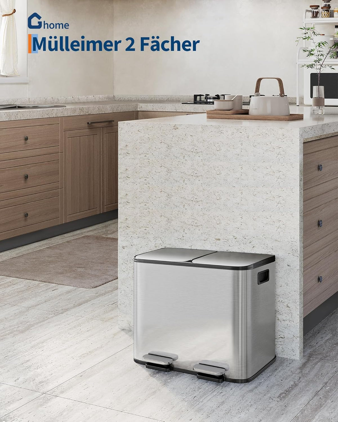 Mülleimer Küche 2 x 15 L aus Edelstahl, 2 Fächer Treteimer mit Softclose-Deckel, Abfalleimer mit Rut