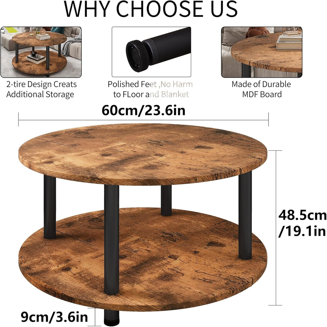 VERFARM Couchtisch Rund, 2 Ablagen, Wohnzimmertisch, Beistelltisch, Kaffeetisch, Sofatisch, für Wohn