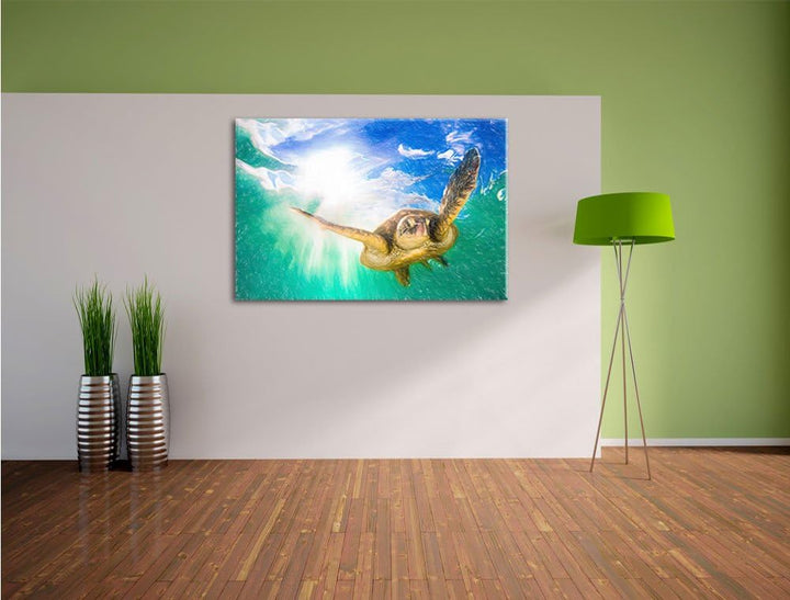 Pixxprint Meeresschildkröte / 100x70cm Leinwandbild bespannt auf Holzrahmen/Wandbild Kunstdruck Deko