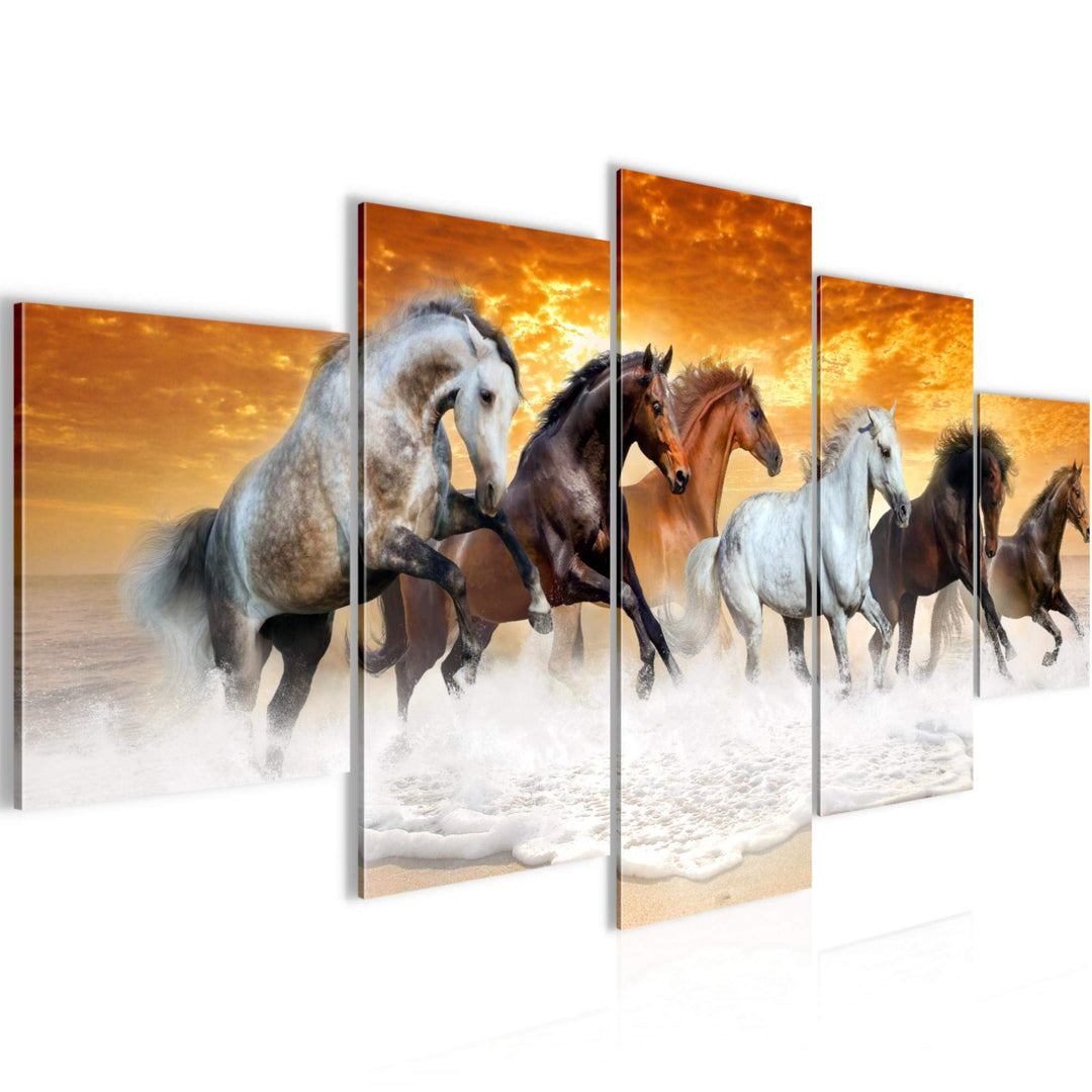 Runa Art Wandbilder Pferde 5 Teilig Bild auf Vlies Leinwand Deko Wohnzimmer Schlafzimmer Tiere Orang