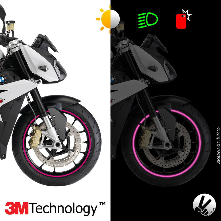 VFLUO - Kit Reflektierende Felgenrandaufkleber Motorrad, Aufkleber für 1 Rad 3M™-Technologie™, 360°-