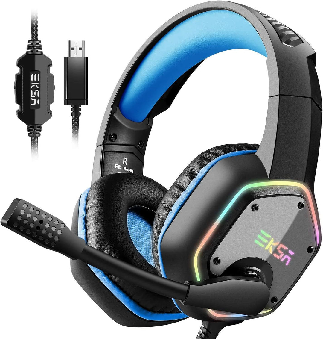 EKSA Headset USB mit Mikrofon, PC Headset Blau, 7.1 Surround-Sound für Exakte Feindortung im Spiel,