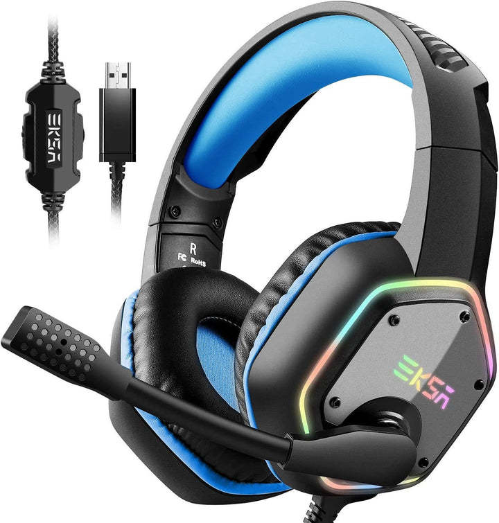 EKSA Headset USB mit Mikrofon, PC Headset Blau, 7.1 Surround-Sound für Exakte Feindortung im Spiel,