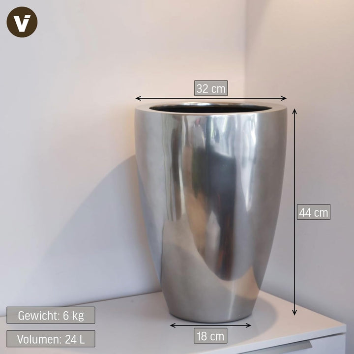 VIVANNO Pflanzkübel Pflanzgefäss Blumenkübel Fiberglas Silber Metallic OPALA (44x32) 44x32 cm Silber