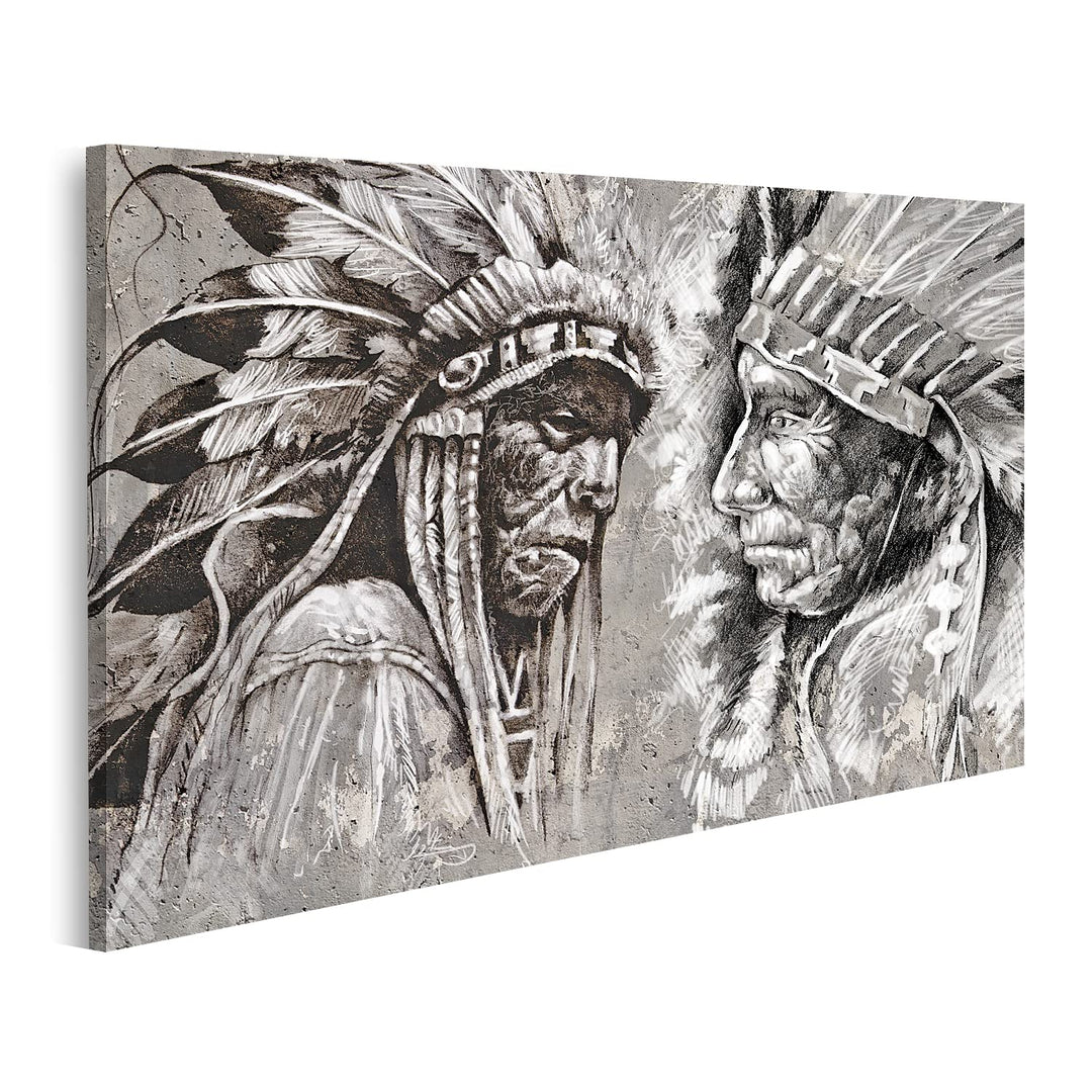 islandburner Bild auf Leinwand Native American Indian Köpfe Retro Stil Schwarz-Weiss Bilder Wandbild