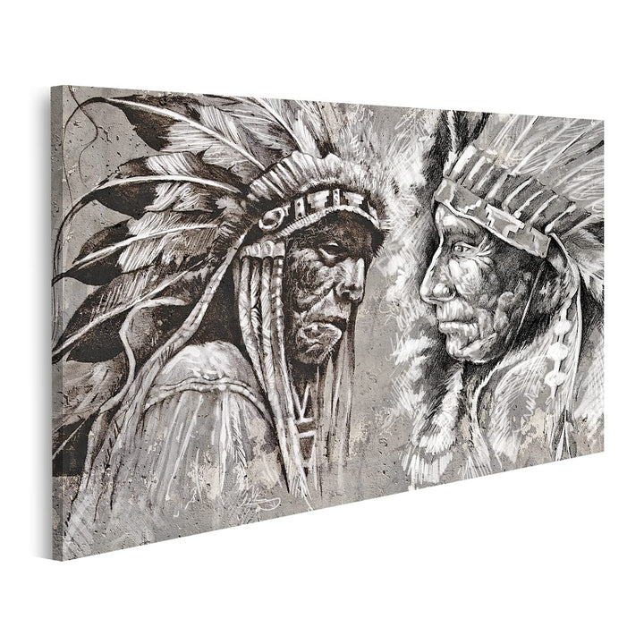 islandburner Bild auf Leinwand Native American Indian Köpfe Retro Stil Schwarz-Weiss Bilder Wandbild