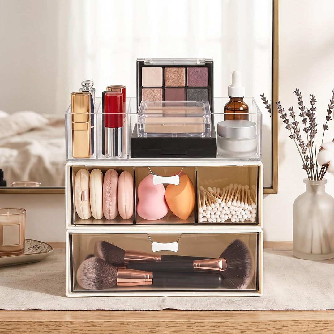 Stapelbarer Kosmetik Organizer 3er Set, Make-up Organizer mit Lippenstiftfach, Einzelfach und 3-Fäch