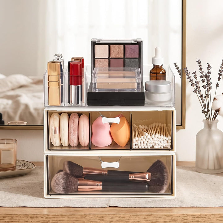 Stapelbarer Kosmetik Organizer 3er Set, Make-up Organizer mit Lippenstiftfach, Einzelfach und 3-Fäch