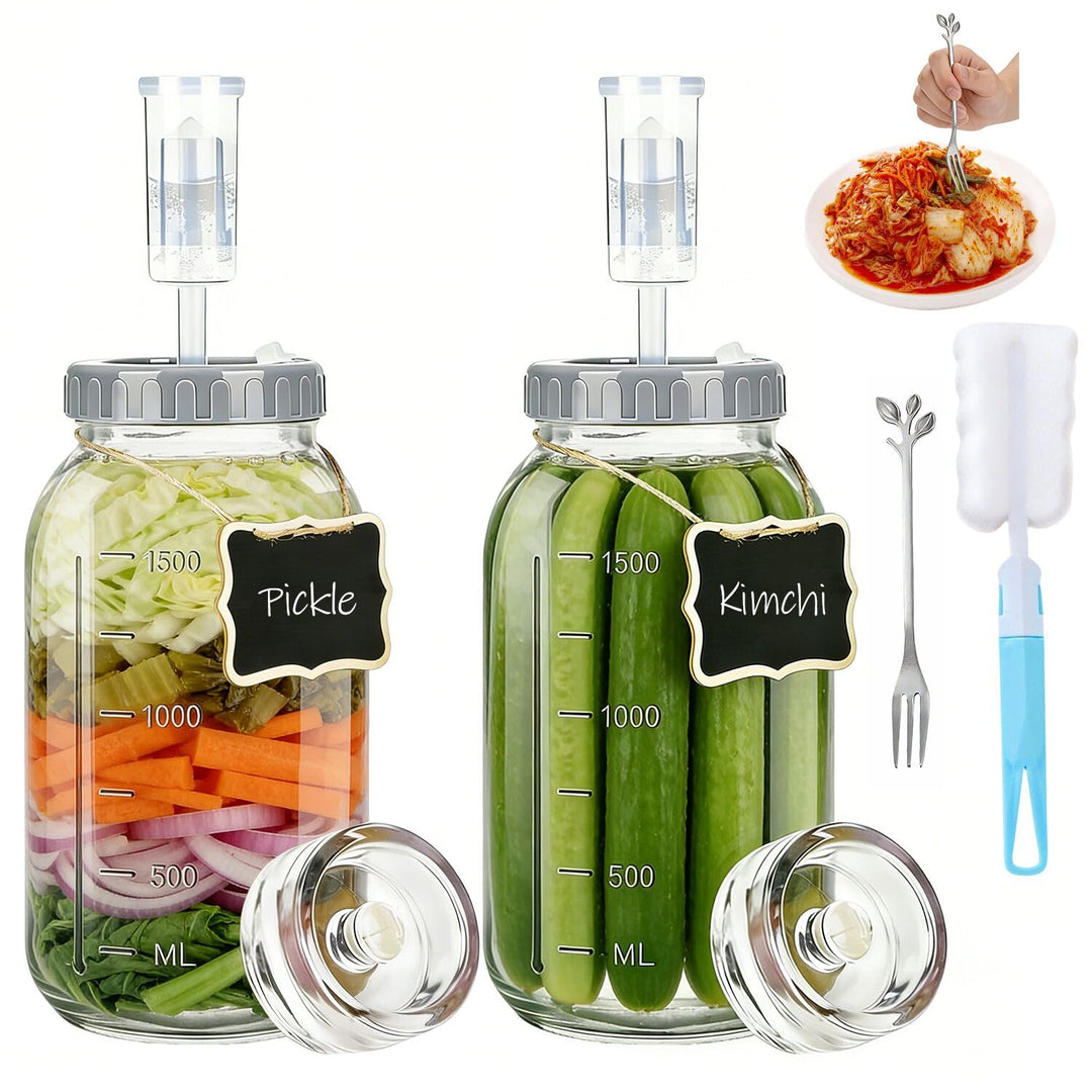 2 Stück Fermentierglas 2L mit 2 Fermentiergewichte Ø 7 cm, 1 Edelstahl Gabel, 1 Bürste, Kimchi Behäl
