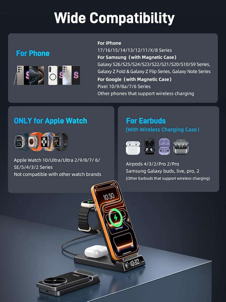 3-in-1 Wireless Ladestation für Apple, Faltbare Magnetische Ladestation für iPhone 17e/17 Pro Max/16