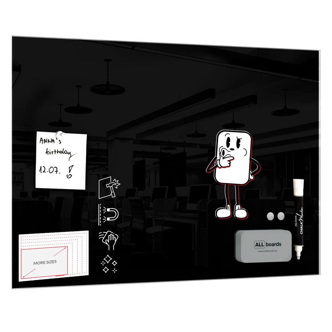 ALLboards Glasboard Magnetisch Schwarz 60x40cm, Rahmenlos, Glastafel, Magnettafel, Gehärtetes Glas,